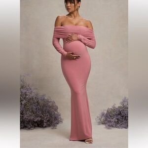Club L London Pretty Perfect Blush Pink Maternity Ruched Mesh Bardot Maxi Dress